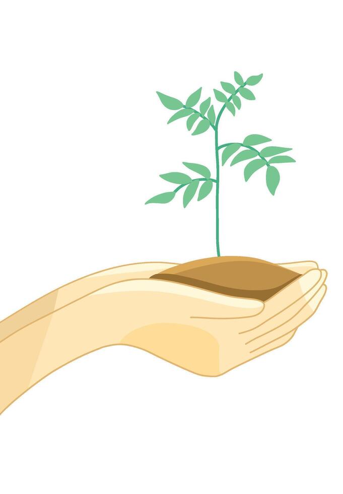 Hand holding a handful of soil with plants growing and text I love earth Design Illustration Editable vector