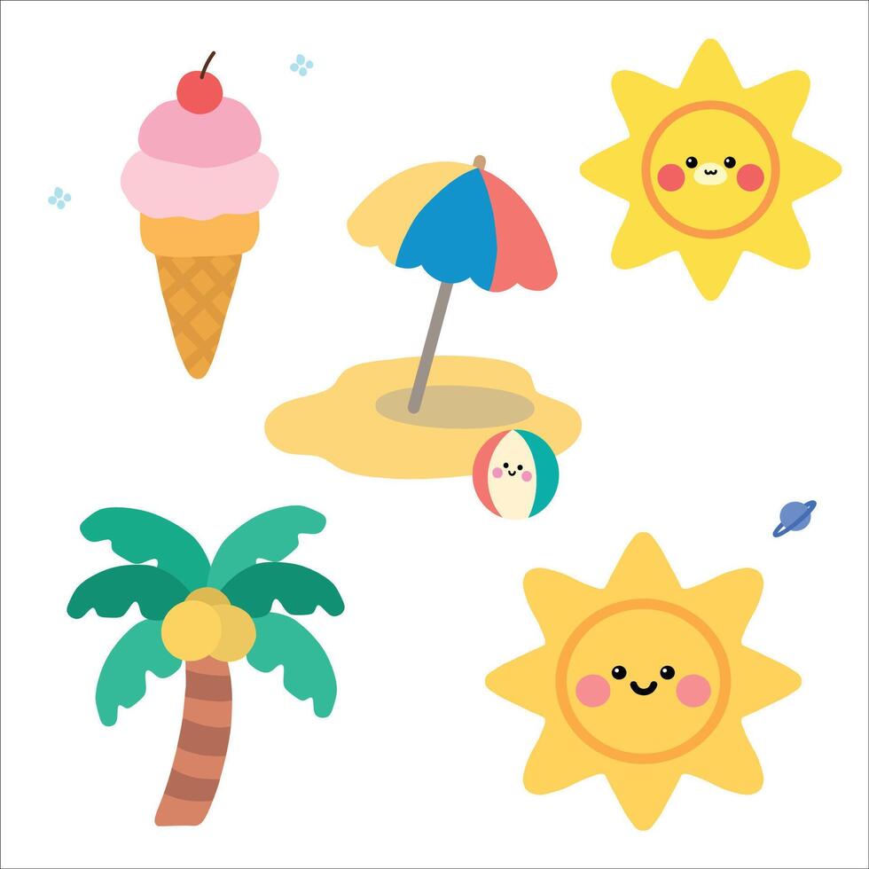 Set of summer items cute sun, umbrella, ball, coconut palm tree, and ice cream editable design illustration vector