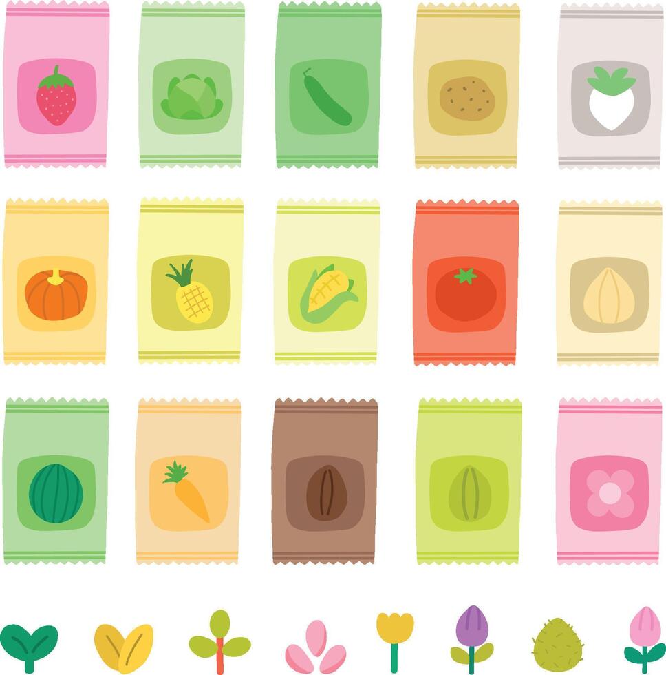 Set of colorful variety of fruit and vegetables seedling pack editable design illustration vector