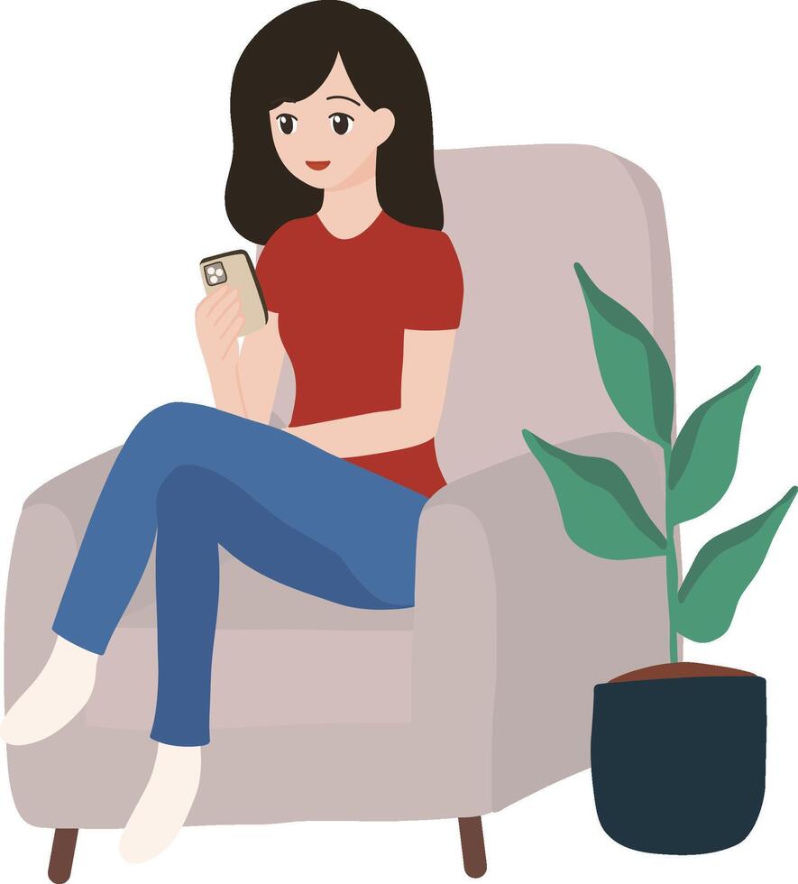 Woman holding phone while sitting on a couch editable design illustration vector