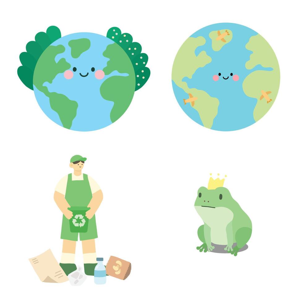 Cute earth and man holding trash can and frog prince celebrating Earth day and environment day editable design illustration vector