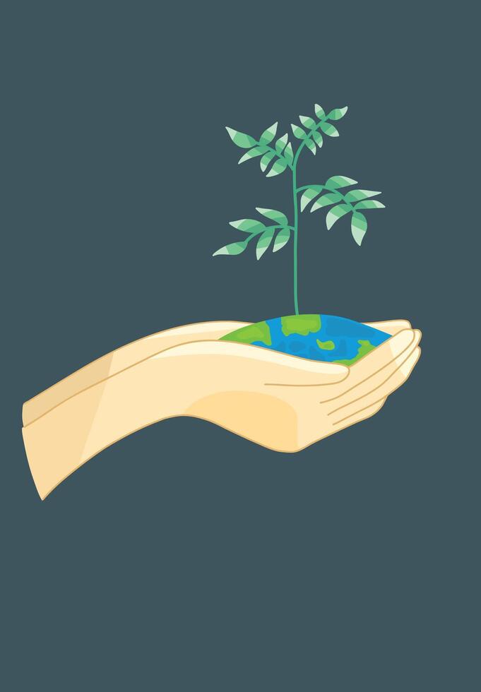 Hand holding a handful of earth with plants growing and text I love earth Design Illustration Editable vector