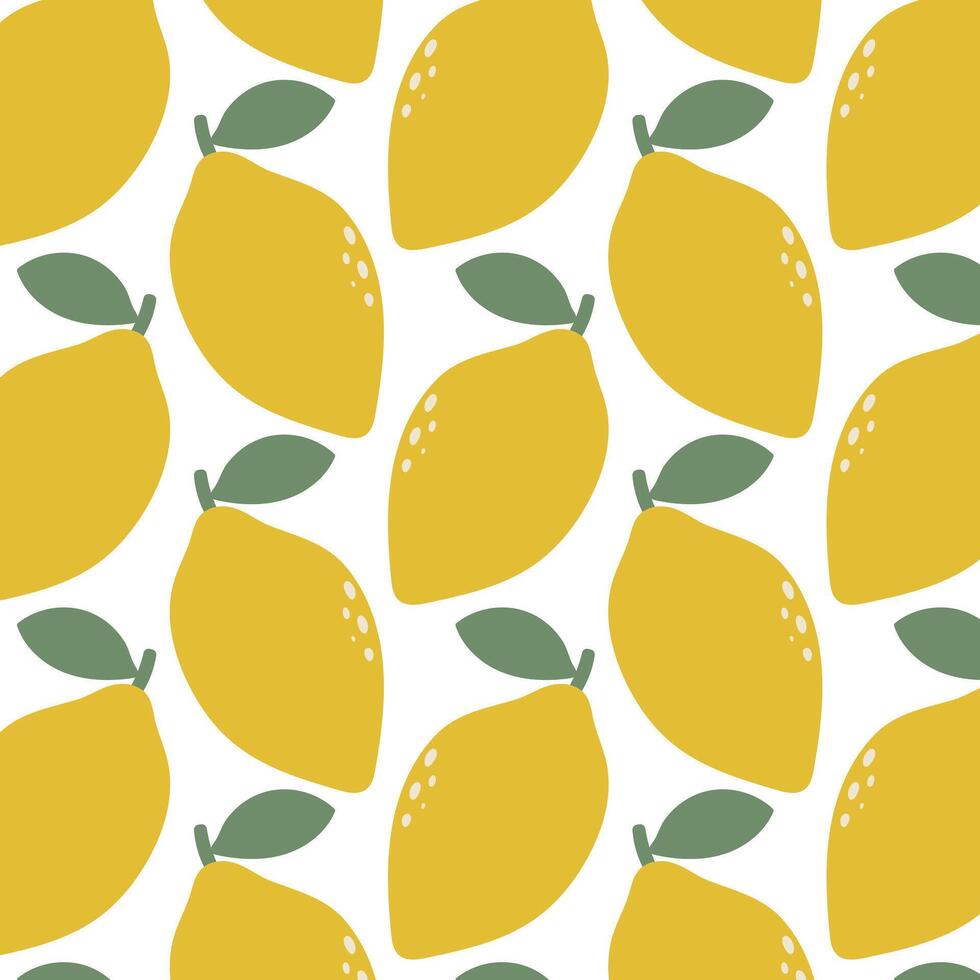 Seamless pattern with yellow lemons and green leaves on white background. Fresh and vibrant fruit design ideal for fabric, packaging, kitchen decor or summer themes. vector
