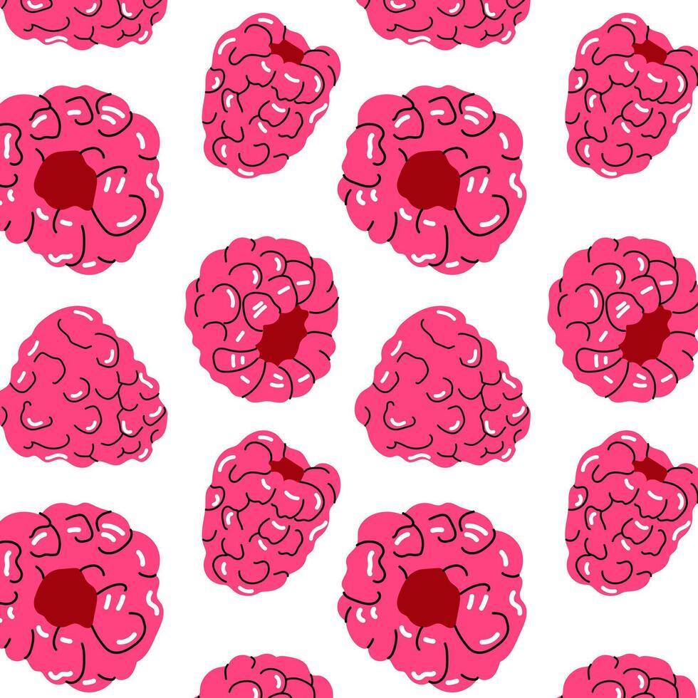 Seamless pattern with hand drawn raspberry fruits on white background. Bright summer design perfect for packaging, textile, and kitchen decor. vector