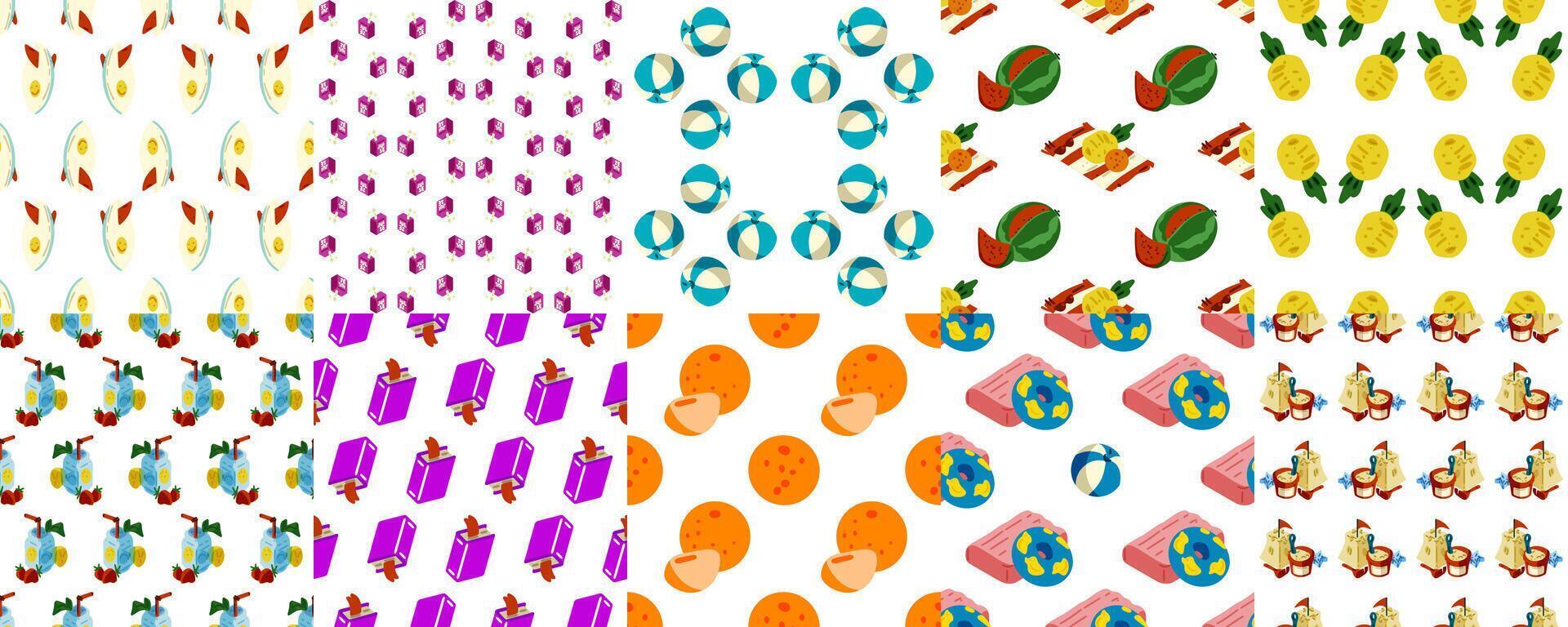 Tropical Sea Adventure Pattern Set . Collection of seamless cartoon style patterns with summer vacation elements. vector