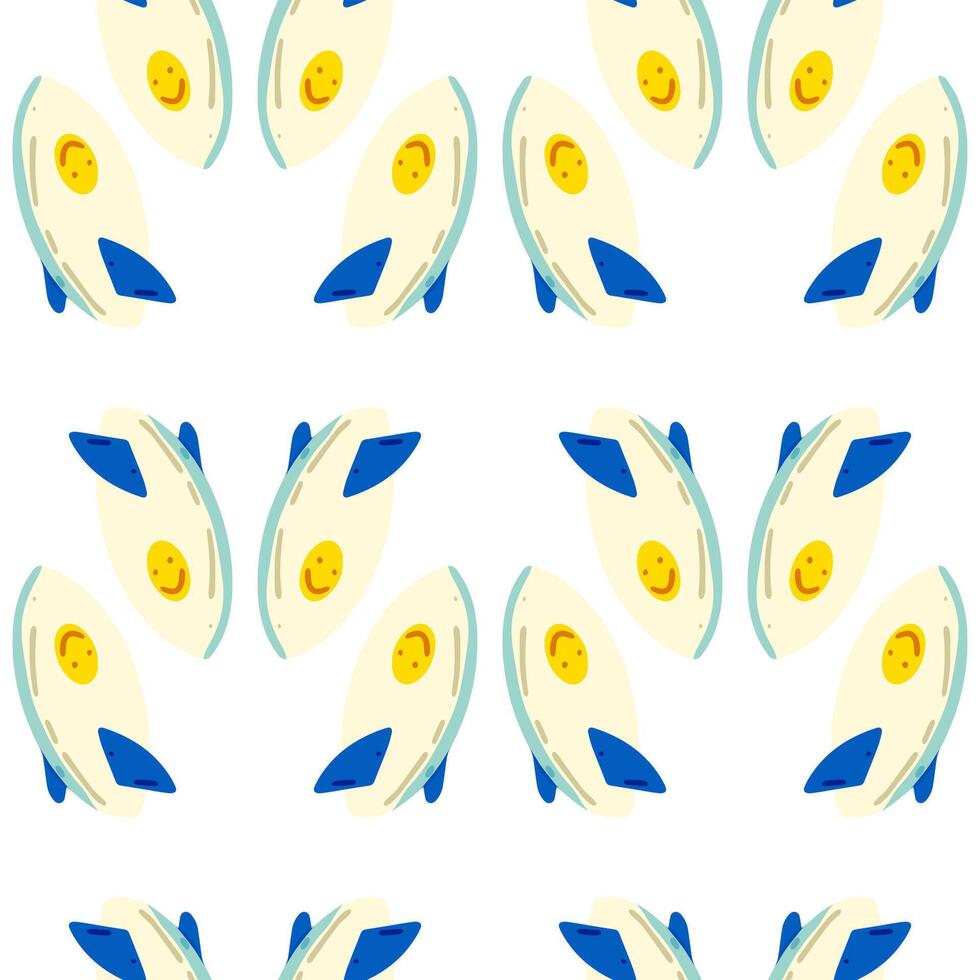 Seamless Cartoon Surfboard Pattern. Playful surfboards with smiling sun design in seamless repeat. Flat cartoon-style summer pattern with yellow and blue accents on white background. vector