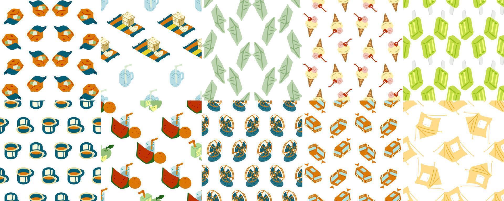 Summer Seamless Pattern Pack. Set of 10 seamless summer patterns with food, drinks, camping gear, hats, tents, fans, and more. Flat cartoon style in bright seasonal colors. vector