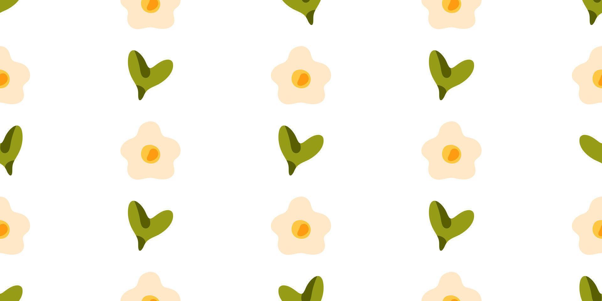 Seamless Floral and Leaf Pattern. Cute seamless pattern with pale flowers and heart-shaped green sprouts. Flat cartoon botanical style, soft pastel colors, isolated on white background. vector