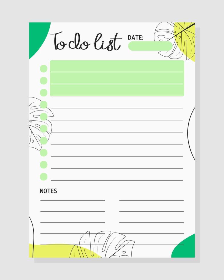 Summer to do list with monstera leaves. Template for print, planner, diary, shopping, organizer, checklist, notes. vector