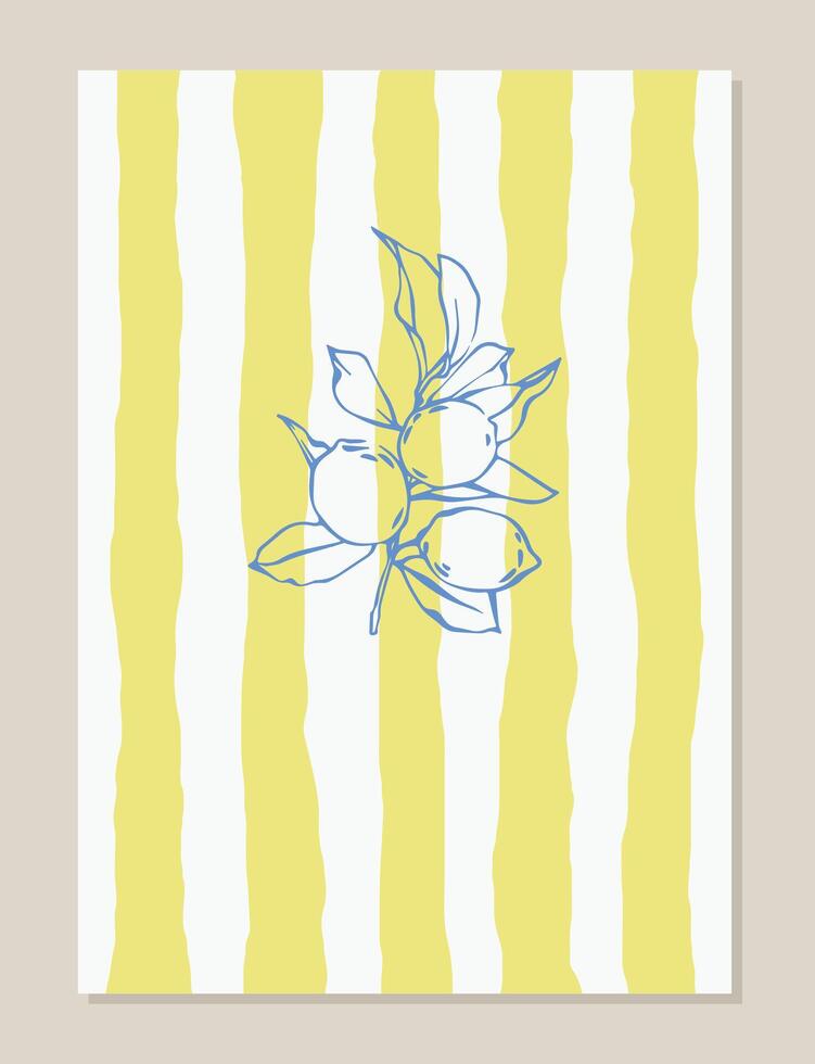 Whimsical poster with lemons. Hello summer poster with lemons and yellow striped background. Mediterranean hand drawn coastal illustration for card, poster, invitation. Italian dolce vita style vector