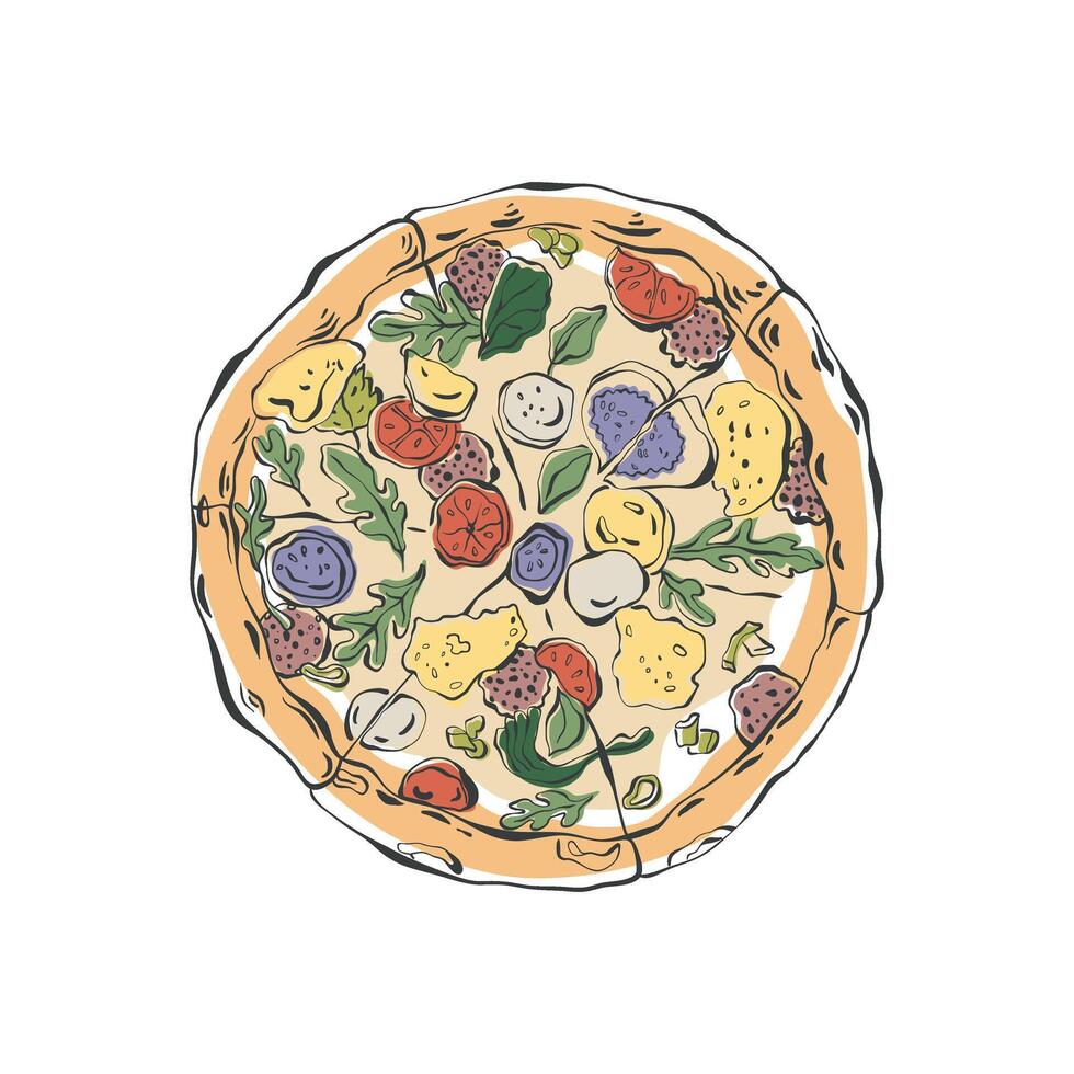 Pizza retro hand drawn ink illustration. Whole round pizza in whimsical style. Italian food illustration for menu design, card, packaging, banner, poster. Food illustration. vector