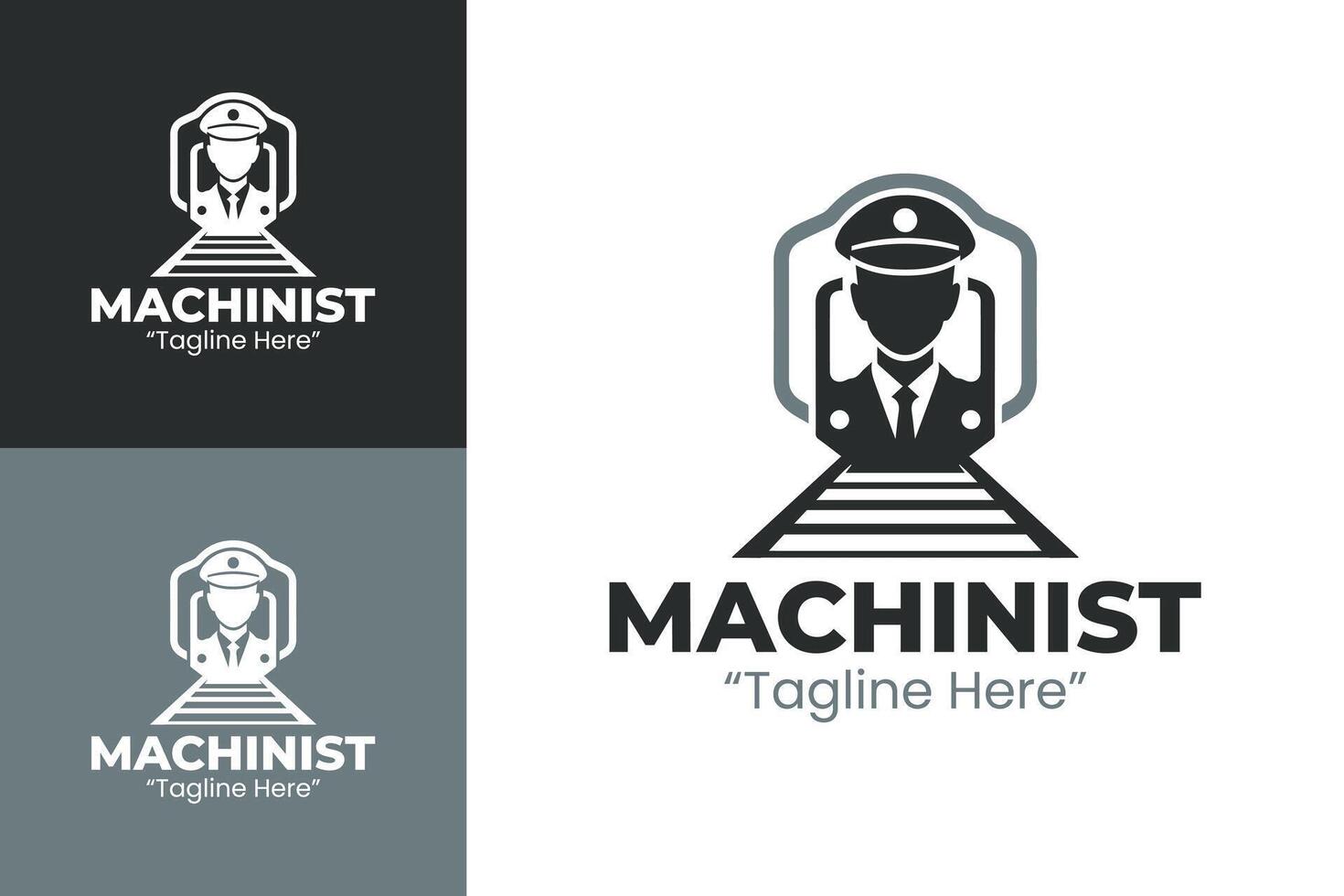Creative Machinist Logo with Train Driver and Railway Tracks in Black and White vector