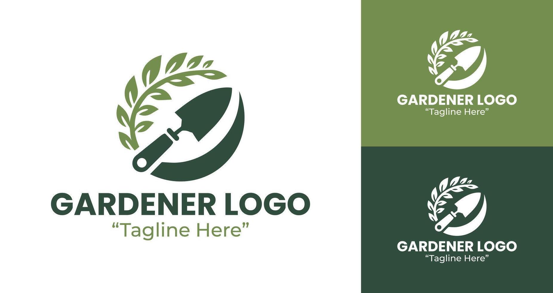 Creative Gardener Logo with Shovel and Plant Design, Green and White Branding vector
