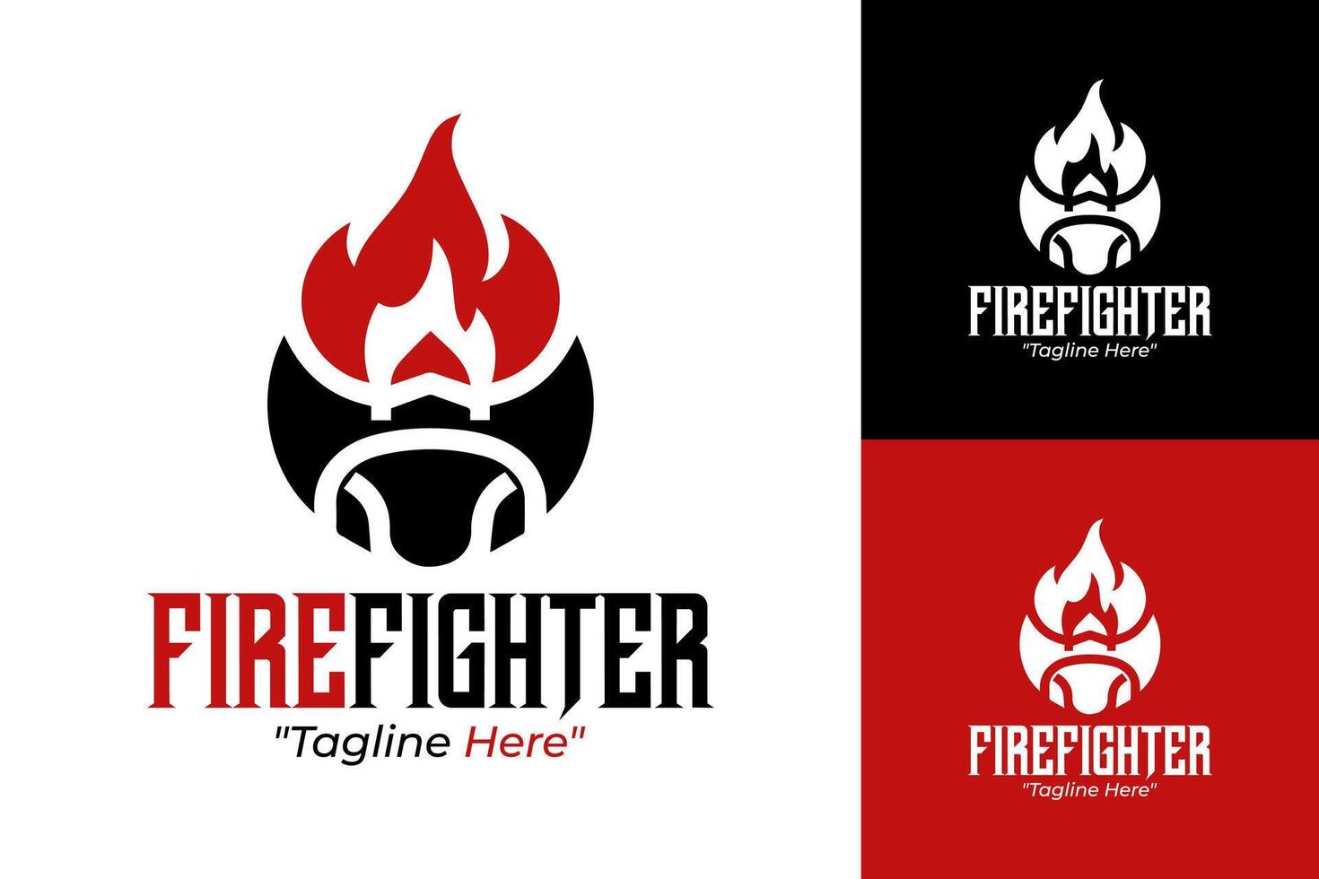 Professional Firefighter Logo with Tools and Flames in Red and Black vector