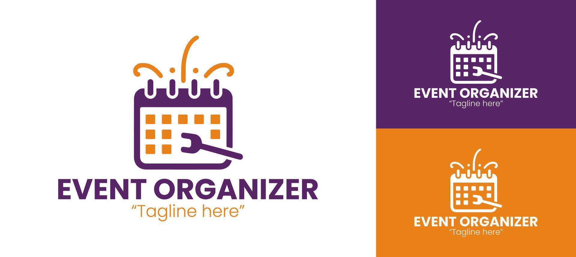 Creative Event Organizer Logo with Calendar Design in Purple and Orange Colors vector