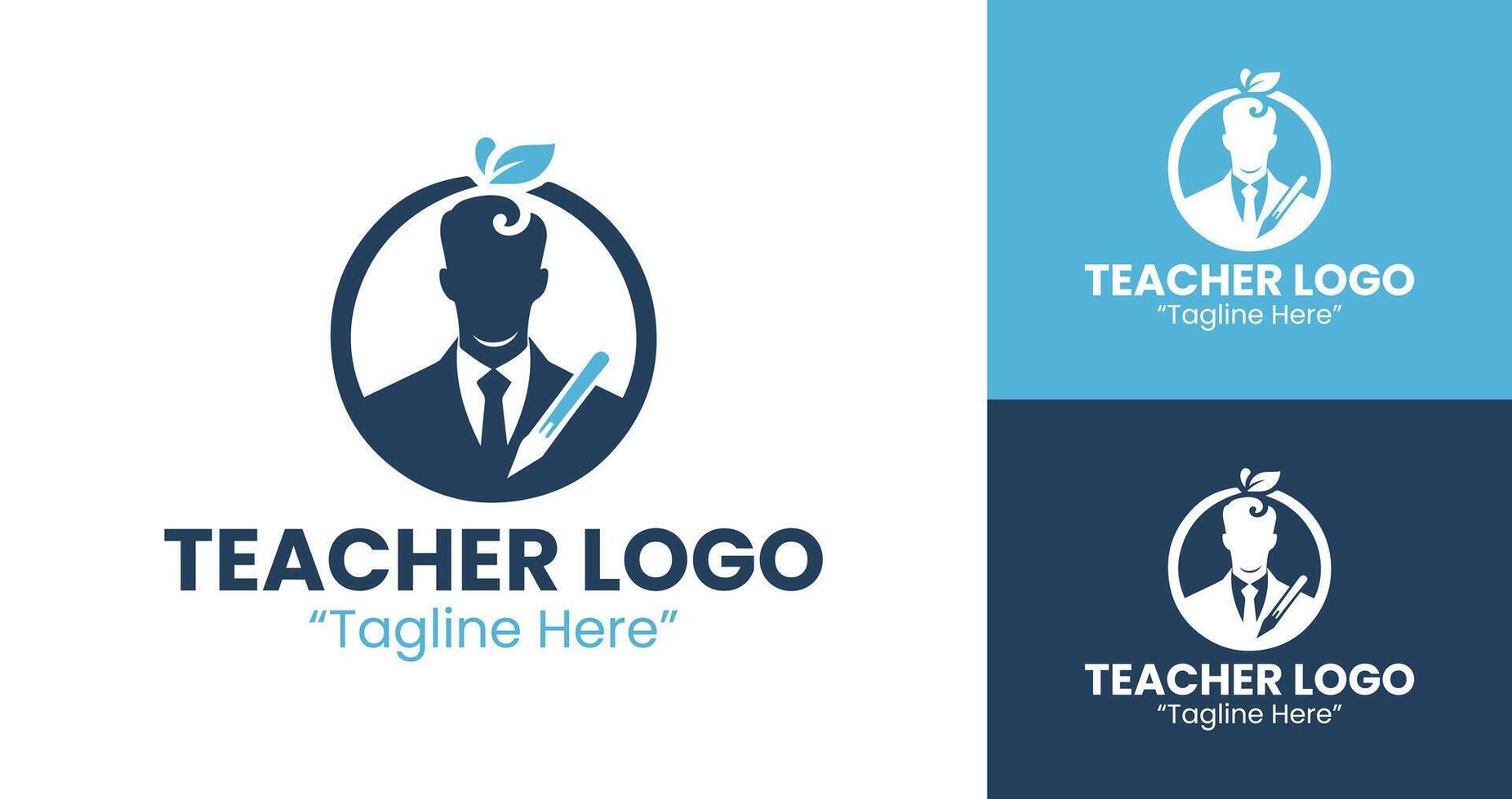 Teacher Logo with Book and Leaf Symbol and Pen Icon in Teal and Dark Blue vector