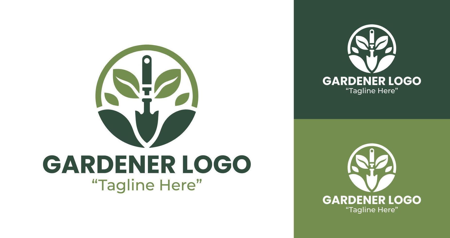 Minimalist Gardener Logo Featuring Shovel and Leaf Icon, Green and White Colors vector