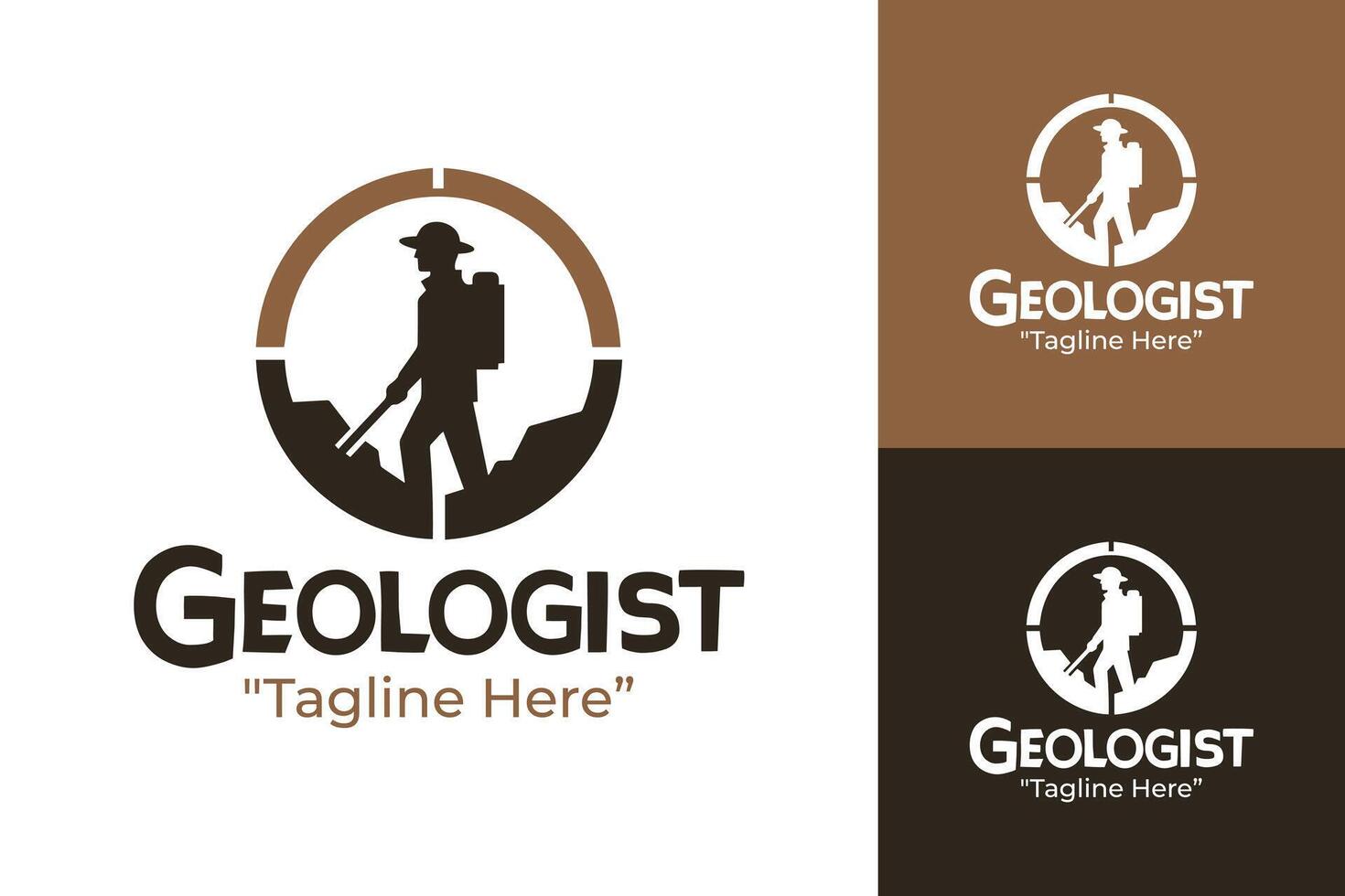 Professional Geologist Logo with Miner and Mountain Design in Brown and White Colors vector