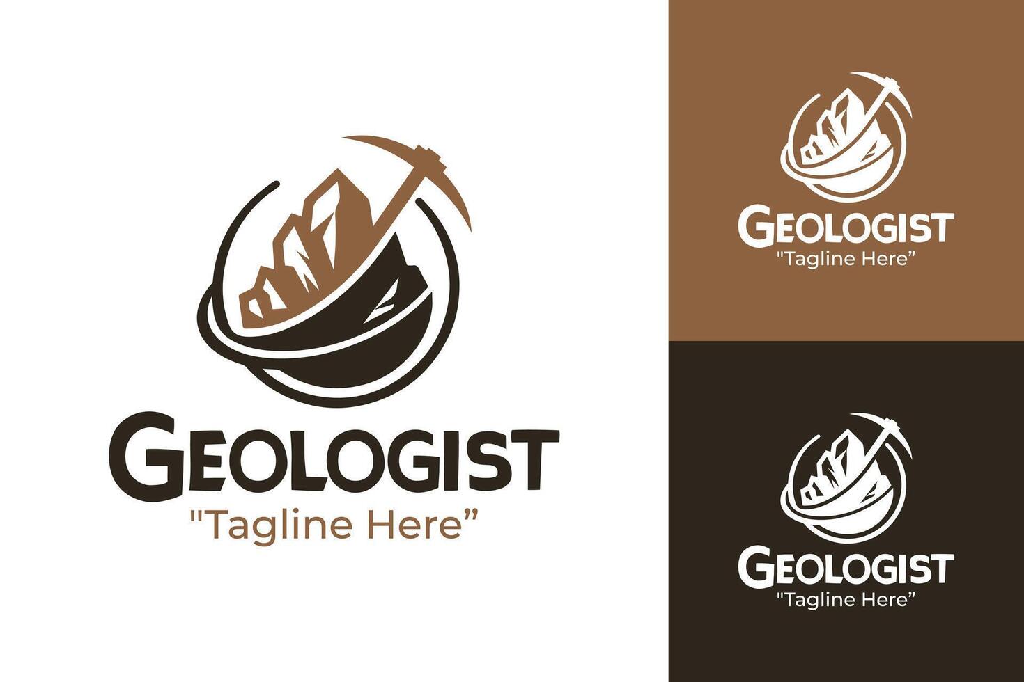 Modern Geologist Logo Featuring Miner with Pickaxe and Mountain Exploration, Brown and White vector