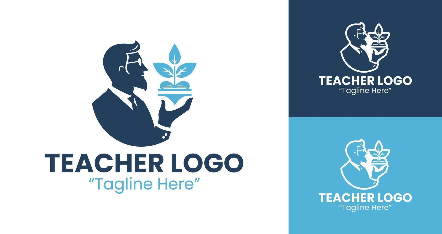 Creative Teacher Logo Design with Book and Plant Symbol in Dark Blue and Teal vector