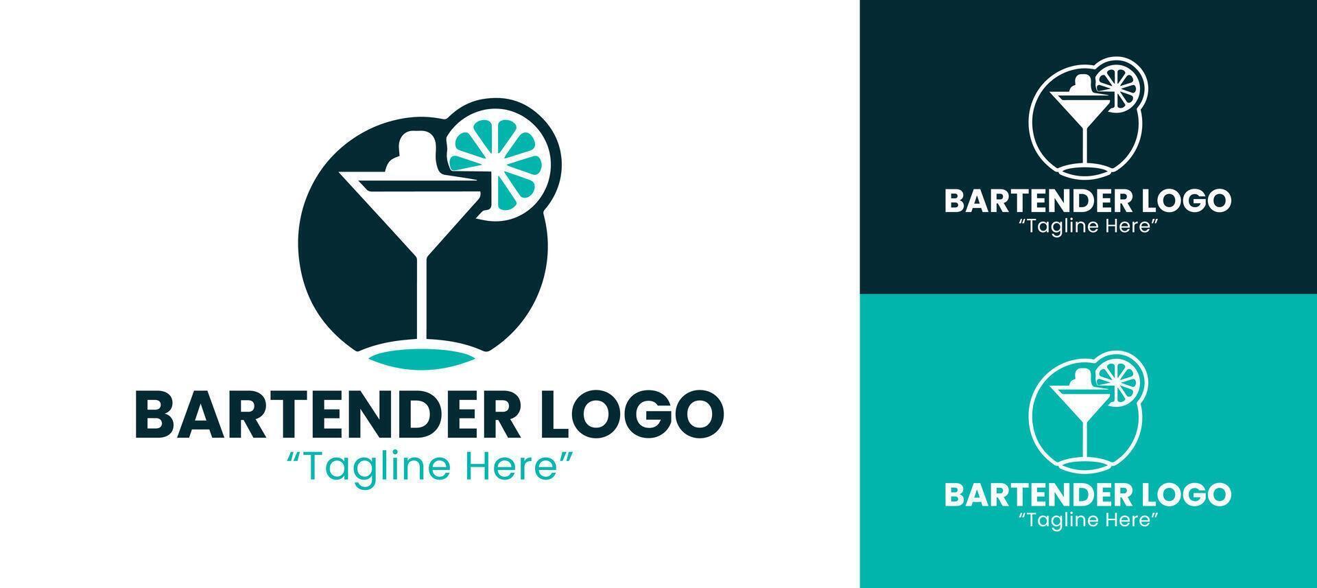 Minimalist Bartender Logo with Drink and Lime Slice for Branding in Teal and Dark Blue vector