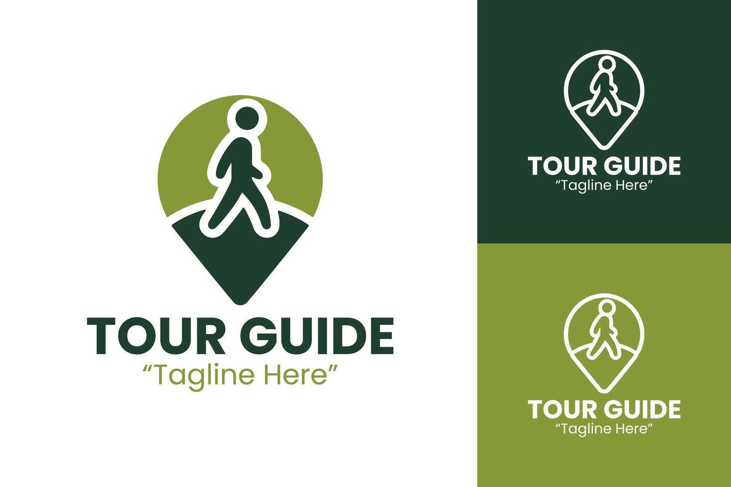 Modern Tour Guide Icon with Path and Walking Figure in Green and Dark Green vector