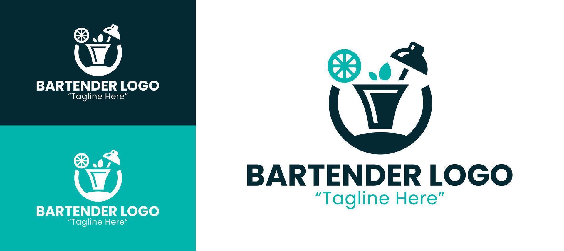 Elegant Bartender Logo with Glass and Ice for Professional Branding in Teal and Dark Blue vector