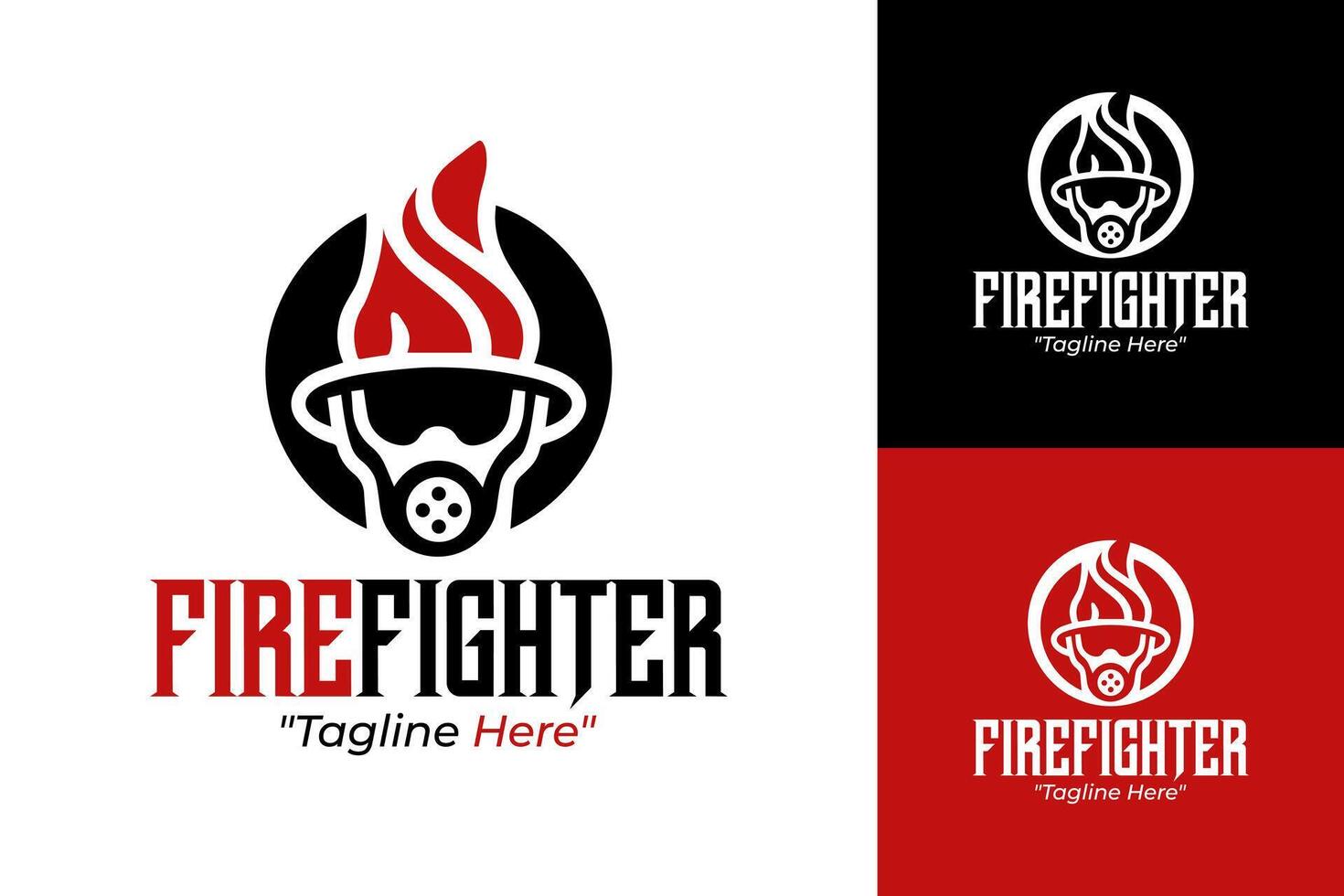 Firefighter Logo Design with Flames and Helmet in Red and Black vector