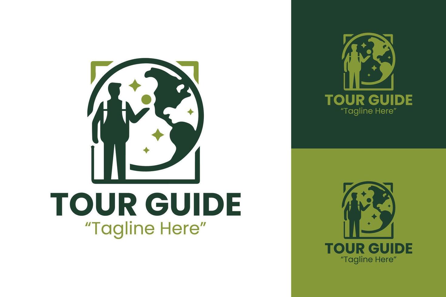 Tour Guide Logo with Globe and Stars Design in Green and White for Travel Services vector