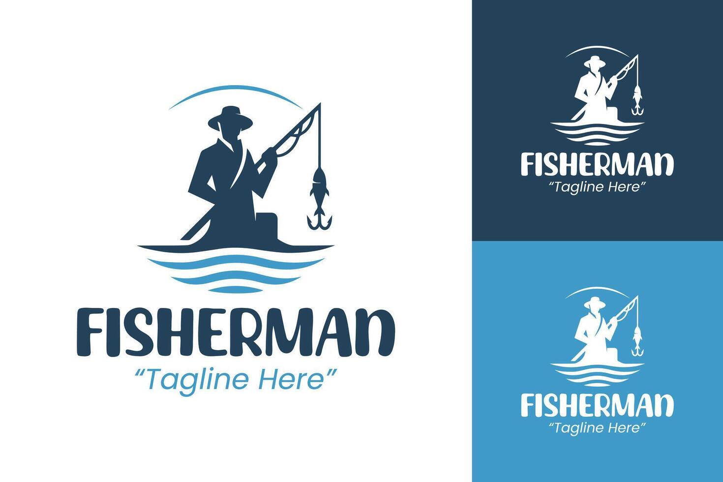 Unique Fisherman Logo with Fisherman in Water Design, Blue and White Branding vector