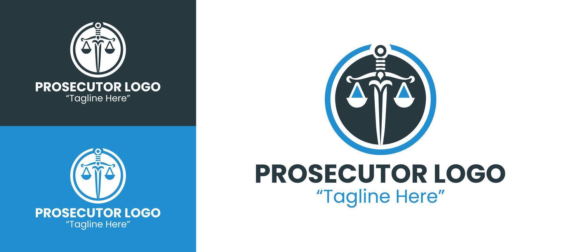 Modern Minimalist Prosecutor Logo with Scales of Justice and Sword in Modern Blue and Black Colors vector