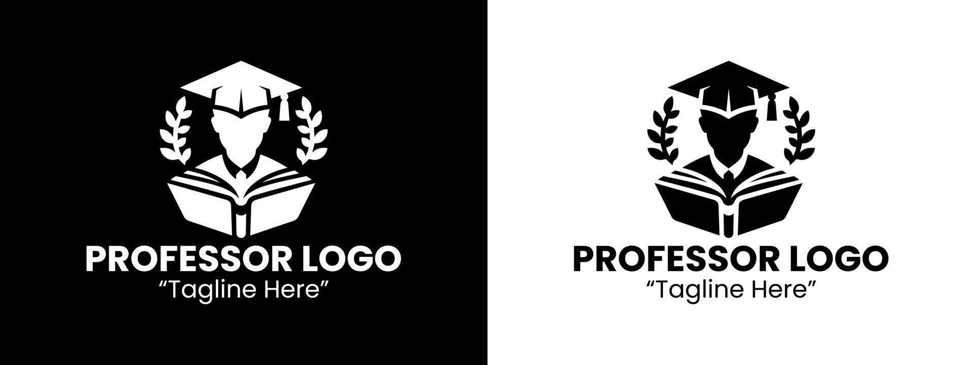 Professional Academic Professor Logo with Graduation Cap and Book in Black and White vector