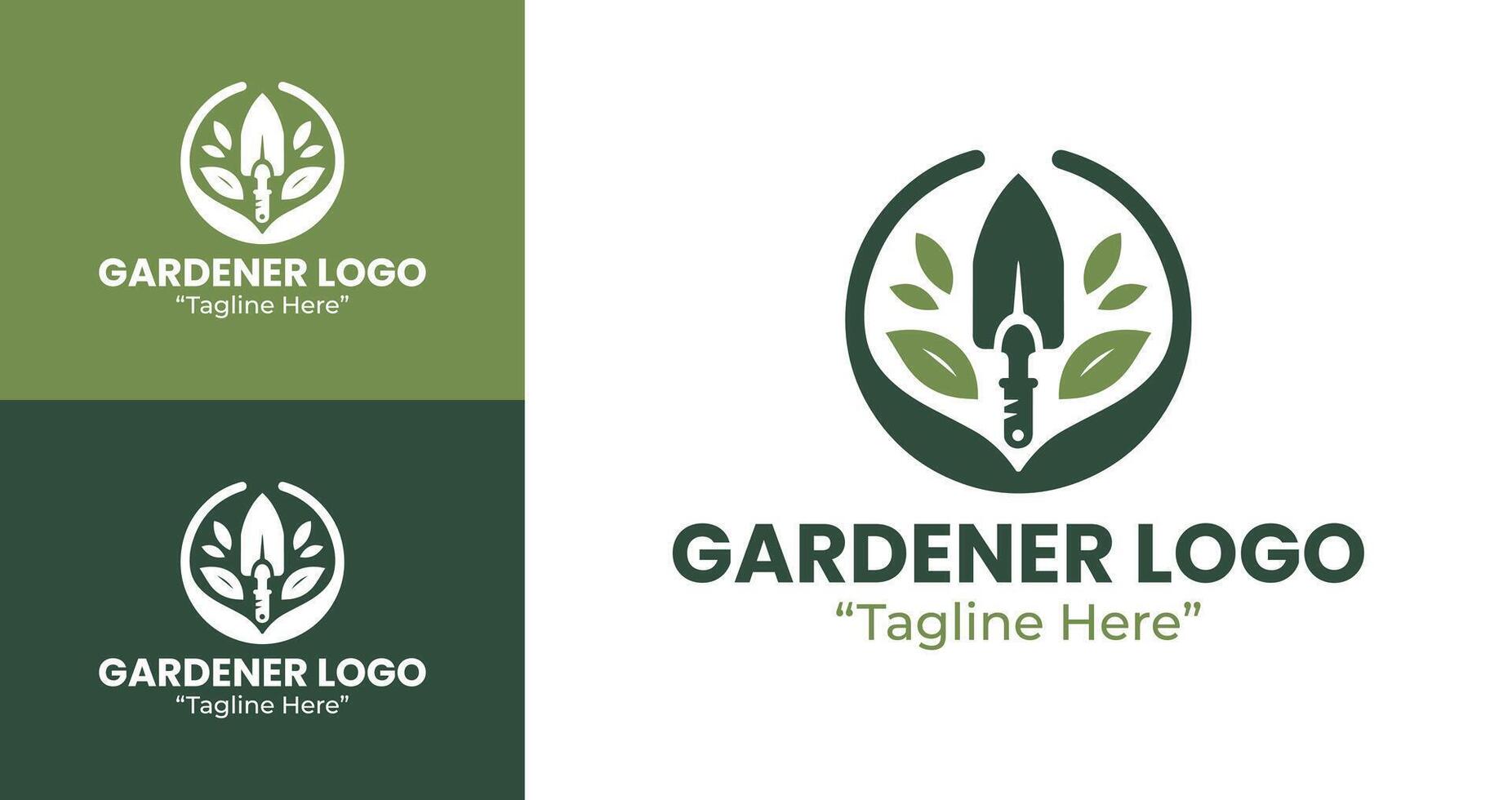Professional Gardener Logo with Shovel and Leaves Design in Green and White Colors vector