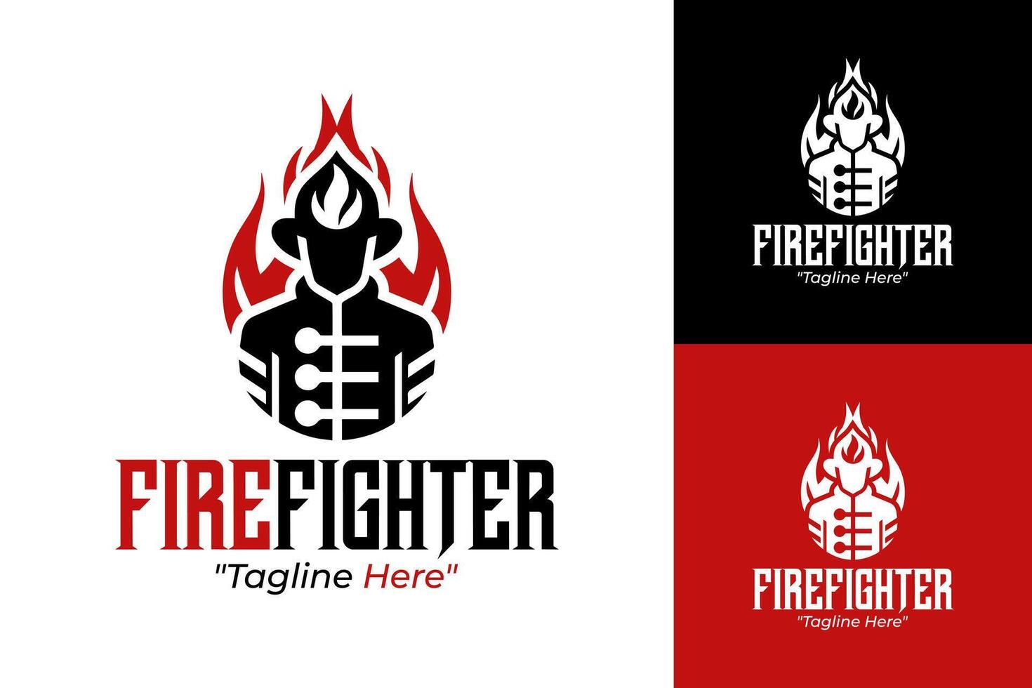 Creative Firefighter Logo with Flames and Firefighter Icon in Red and Black vector