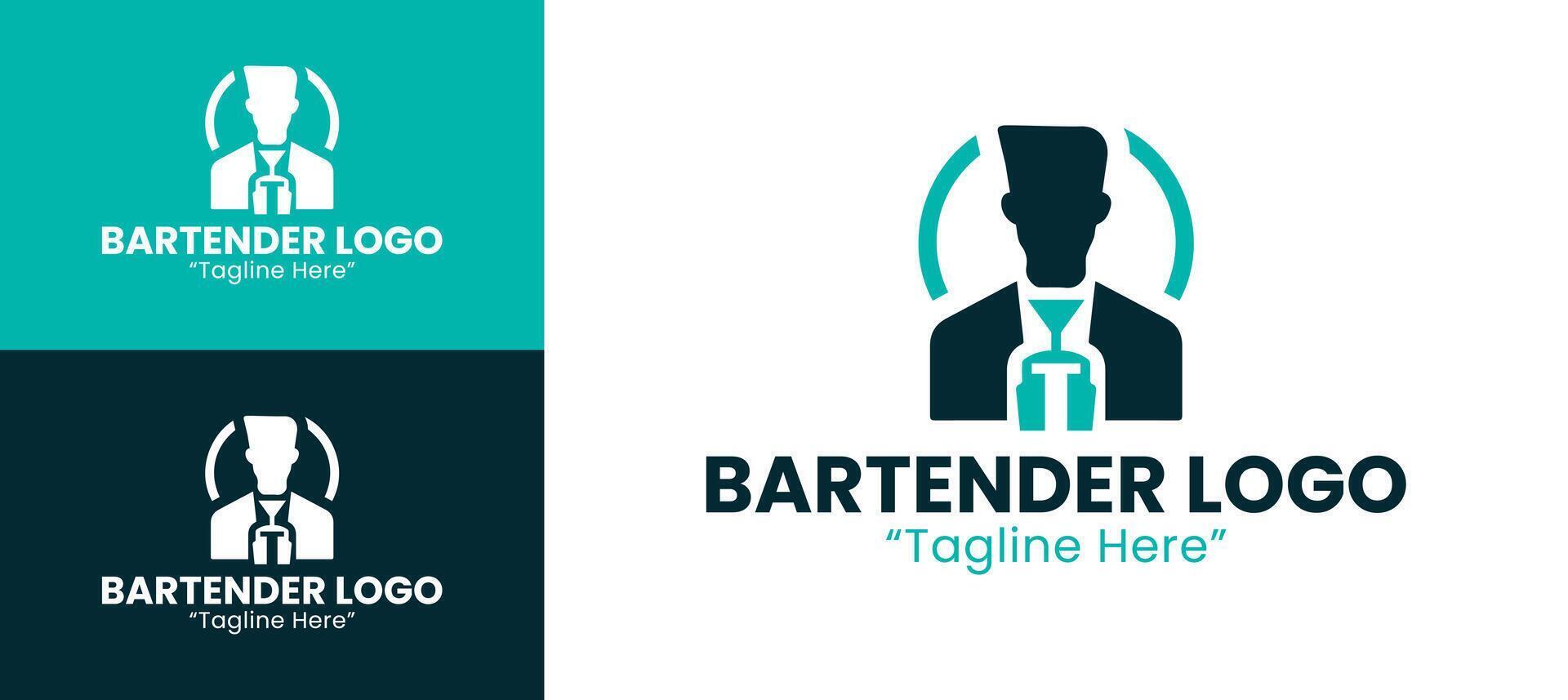 Unique Bartender Logo with Shaker and Cocktail Glass for Business Identity in Teal and Dark Blue vector