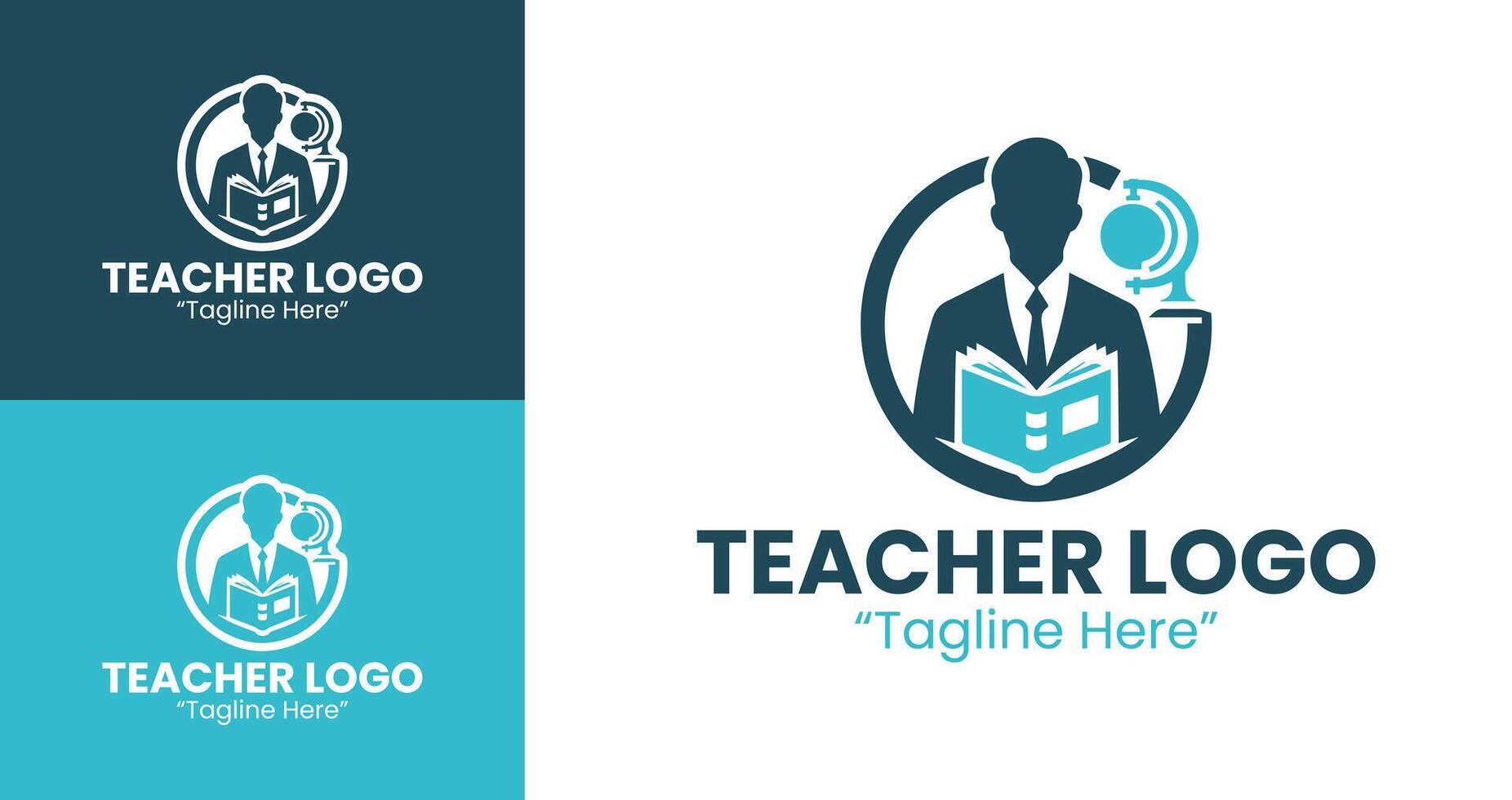 Modern Teacher Logo Design with Open Book and Classroom Icon in Teal and Dark Blue vector
