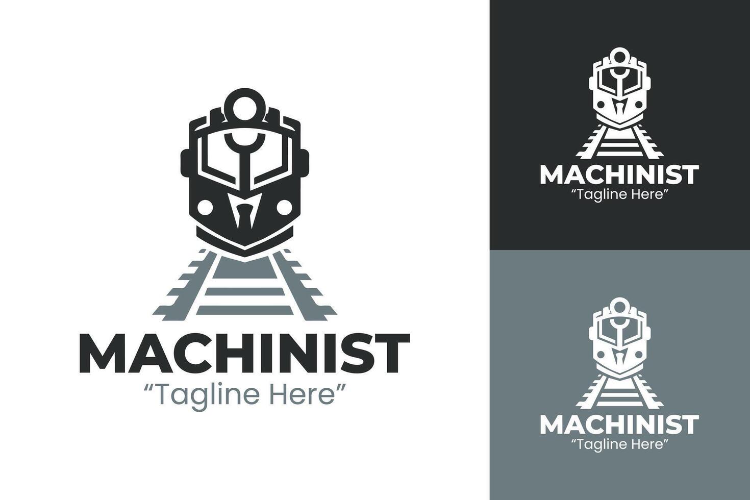 Modern Machinist Logo with Train Engine and Tracks in Dark Gray and White Colors vector