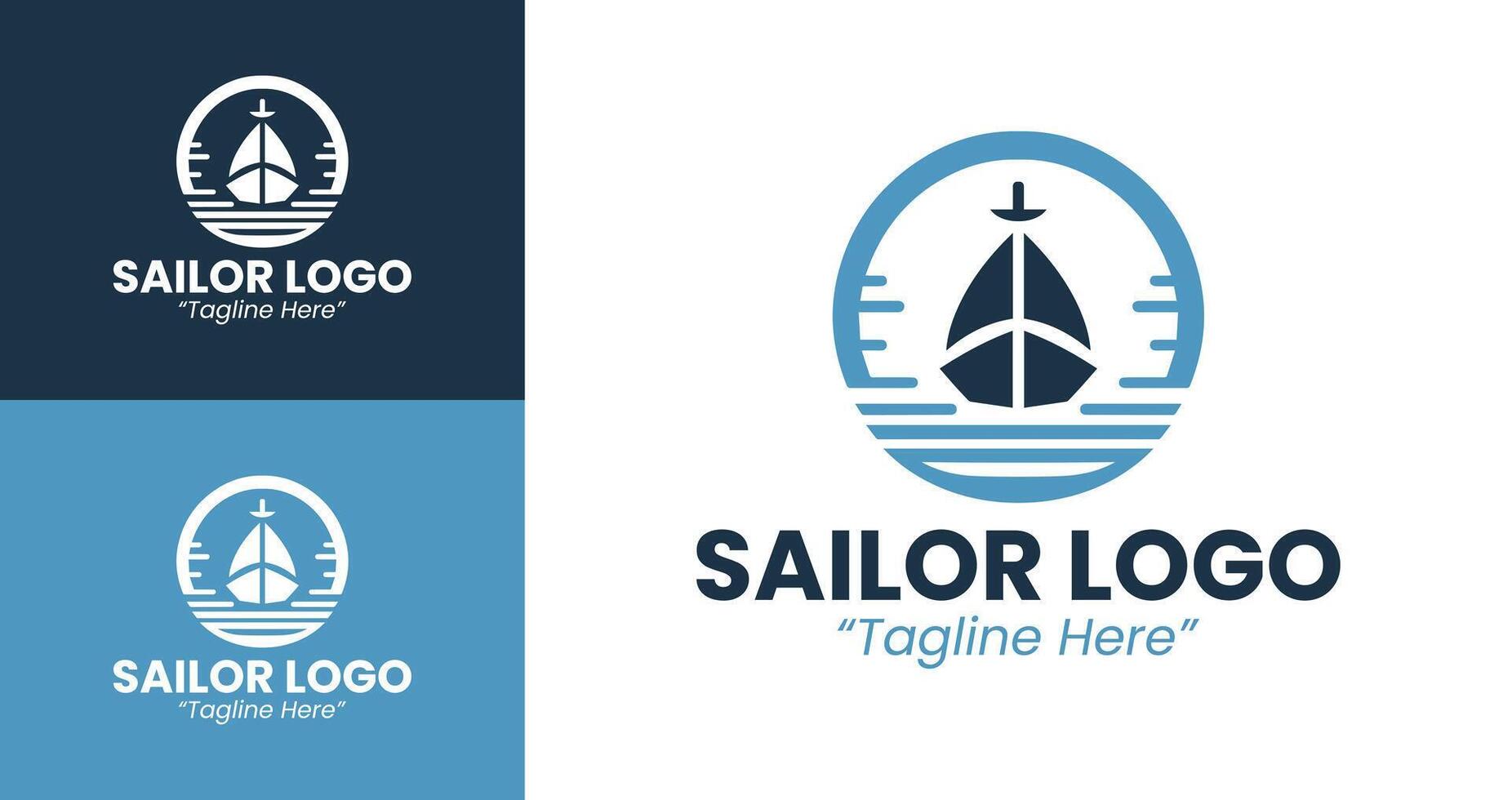 Minimalist Sailor Logo Featuring Boat with Waves Design in Blue and White vector