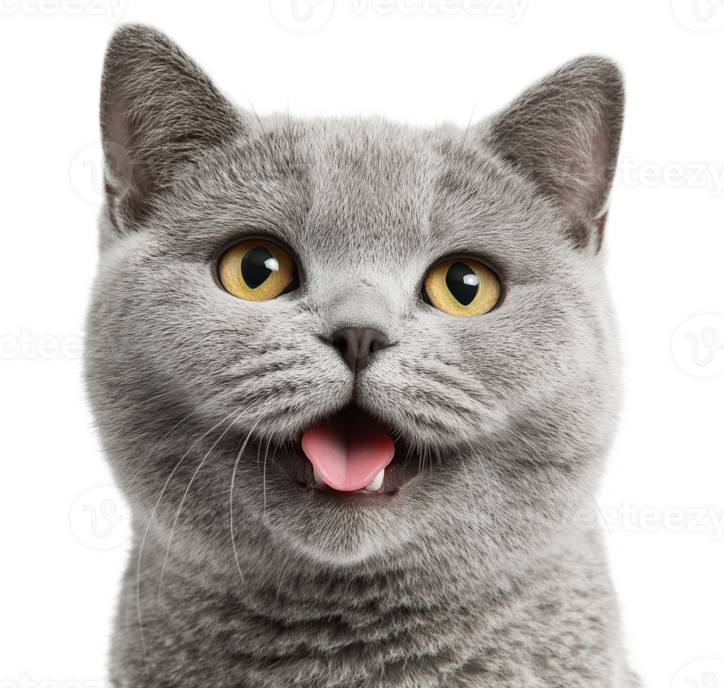 Charming British blue cat with tongue out image isolated transparent. Cheerful grey kitty meow cut out . Joyful feline. Cute shorthair. Pet domestic animal cutout photography png