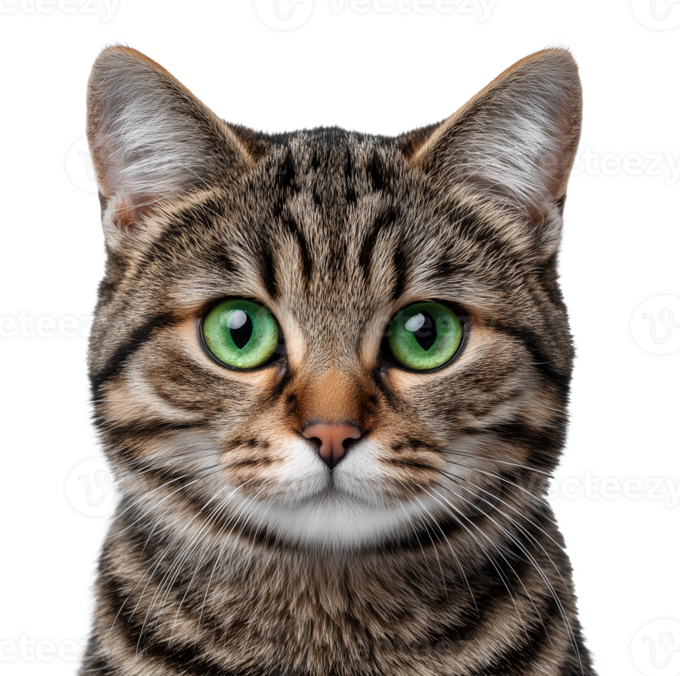 European shorthair cat with green eyes image isolated transparent. Feline gaze. Striped fur house pet tabby whiskers cut out . Felis catus domestic animal cutout photography png