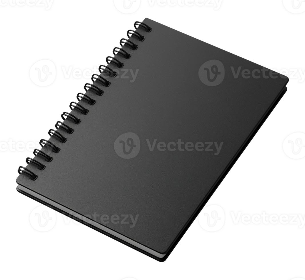 Minimalist matte black spiral notebook image isolated transparent. Stationery office supply cut out . Journal diary. Business stationary cutout element object photography png