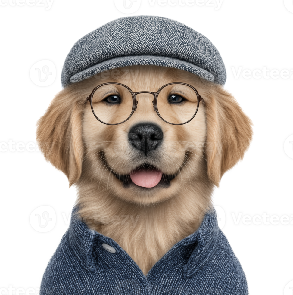 Glasses golden retriever in flat cap and textured shirt image isolated transparent. Golden puppy vintage classy look cut out . Quirky pet domestic animal cutout photography png