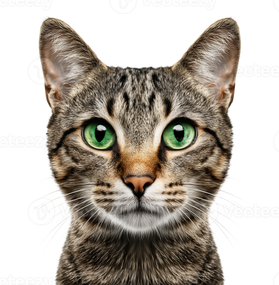 Green-eyed european shorthair cat with symmetrical face image isolated transparent, . Tabby feline portrait attentive cut out . Pet felis catus domestic animal cutout photography png