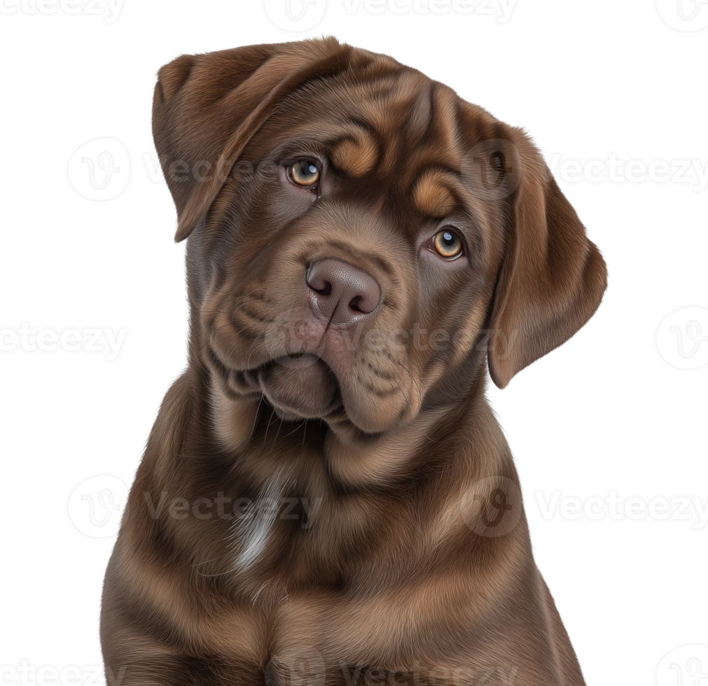 Chocolate Labrador puppy with head tilt image isolated transparent, . Curious dog expression. Brown lab with velvety ears cut out . Pet domestic animal cutout photography png