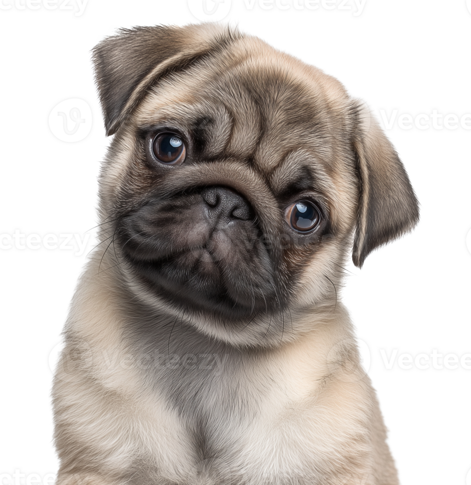 Curious fawn pug puppy with head tilt image isolated transparent. Cute wrinkly dog portrait. Endearing pup with floppy ears cut out . Pet domestic animal cutout photography png