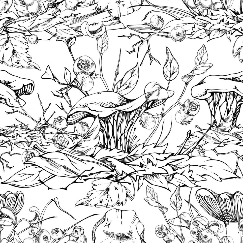 Golden chanterelle girolle mushroom, blueberry berries. Fungi nature seamless pattern hand drawn in ink. Forest floor habitat ecosystem on top of fallen autumn leaves pile with twigs, branches vector
