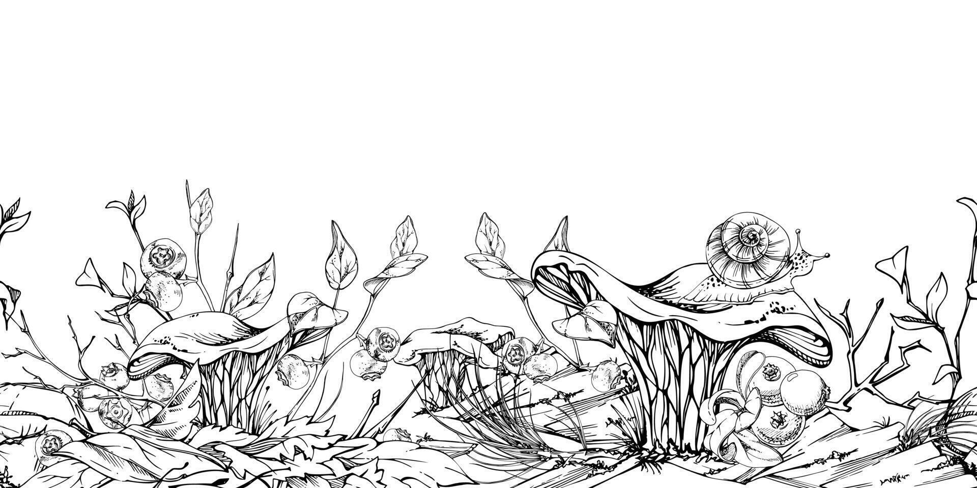Golden chanterelle girolle mushroom snail, blackberry cranberry twigs, pine needles bark moss lichen growth. Fungus seamless banner header hand drawn in ink. Wild food, farmers market packaging vector