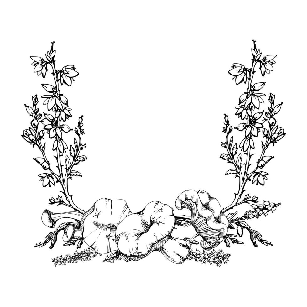 Russula webcap mushroom, snail on top, heather flowers, moss lichen growth. Forest floor habitat nature scene. Wreath frame hand drawn in ink. Label, tag design, menu recipe, wild food market vector
