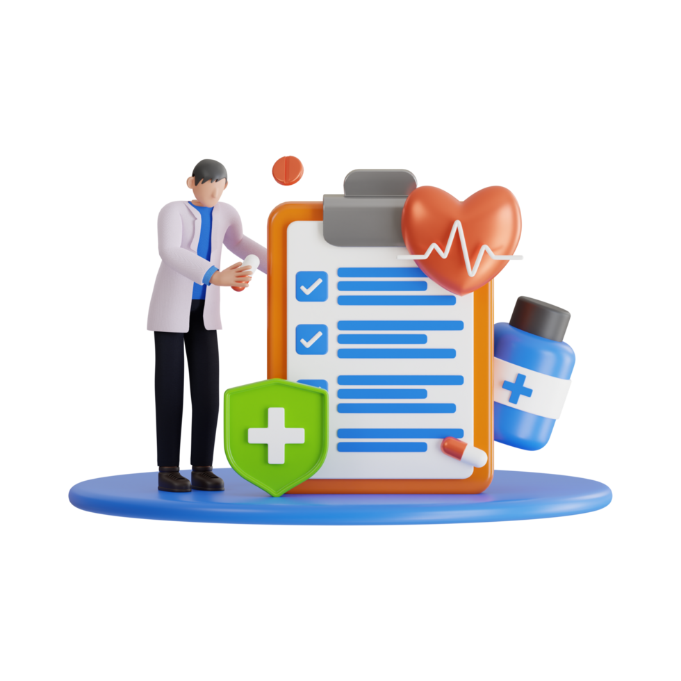 A doctor is standing next to a clipboard with a heart and a check mark png