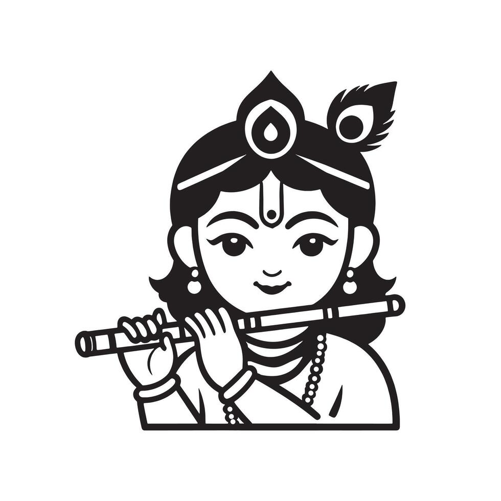 Black and white illustration of Krishna playing flute with peacock feathers in indian traditional Hindu mythology vector